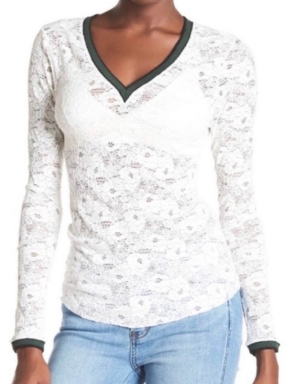 Intimately Free People White Lace Sheer V-Neck Long Sleeve Top